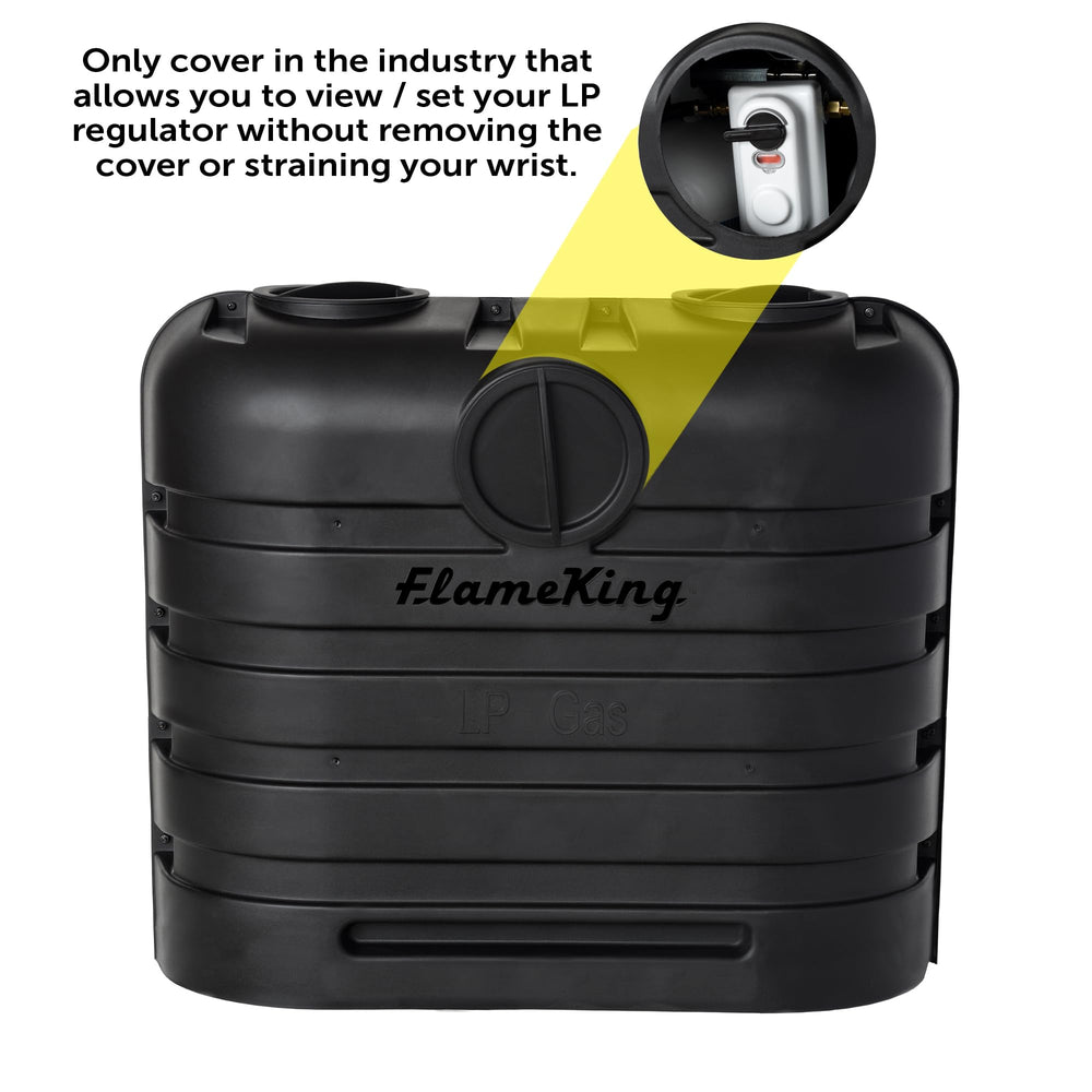 Flame King close-up of side access port for regulator access and convenience