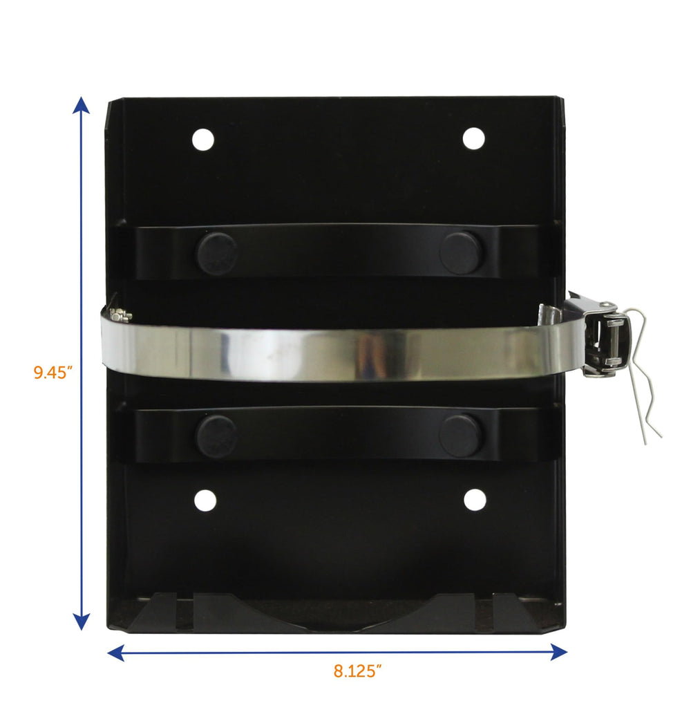 Flame King bracket mounted on RV deck showing tidy fuel storage solution