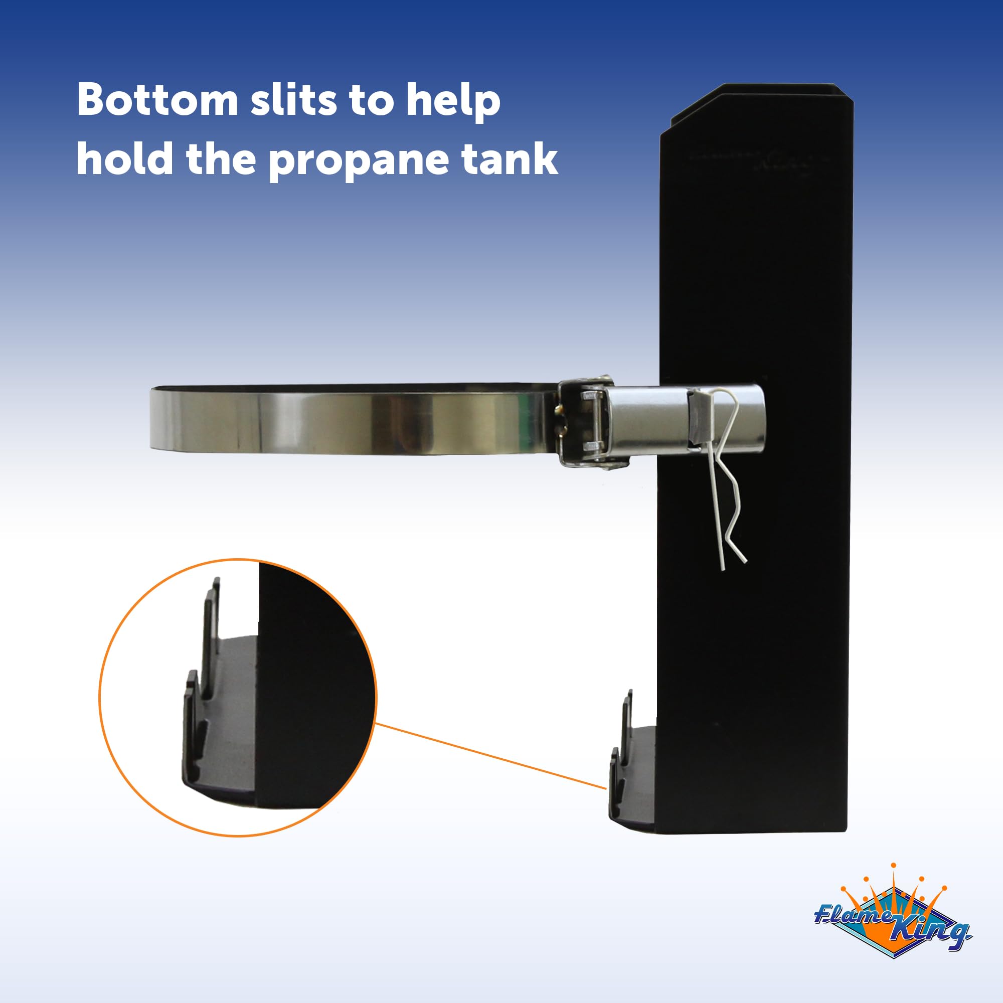 Flame King bracket held in hand showing dimensions and easy mounting decision