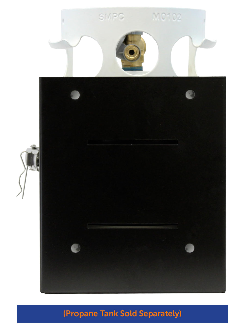 Flame King stainless strap tensioned around tank ensuring secure retention