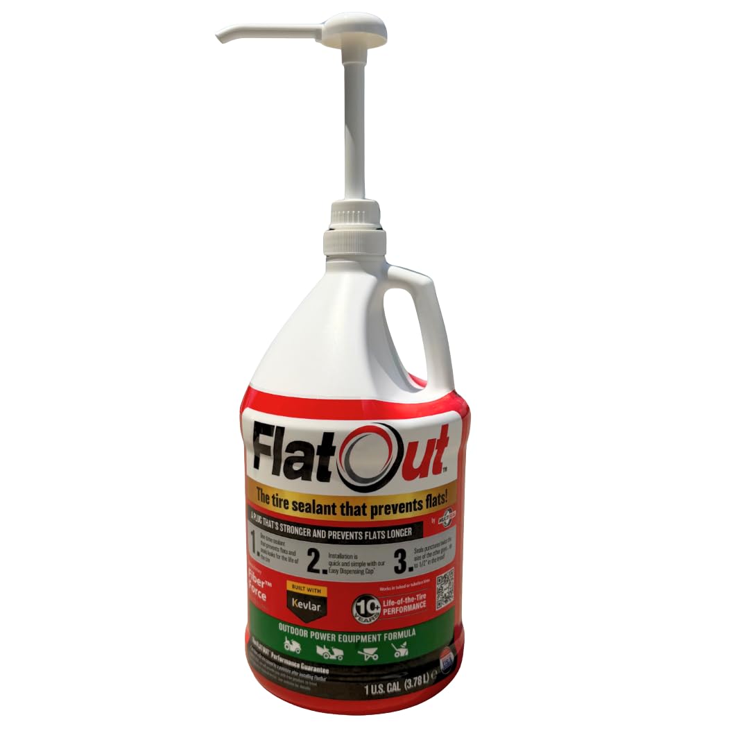 FlatOut 1 gallon container front label showing product and benefits