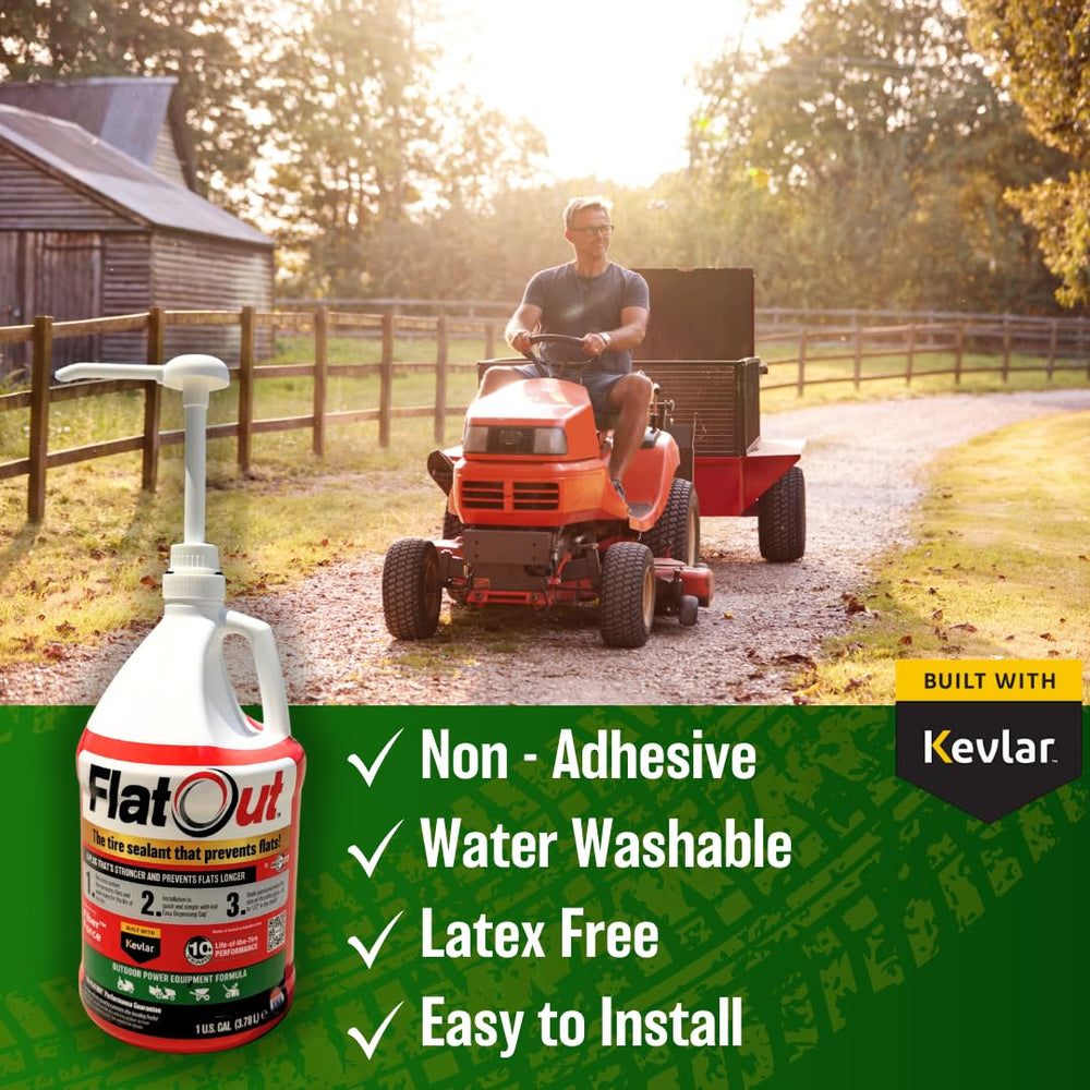 Zero-turn mower tire treated with FlatOut for continuous protection