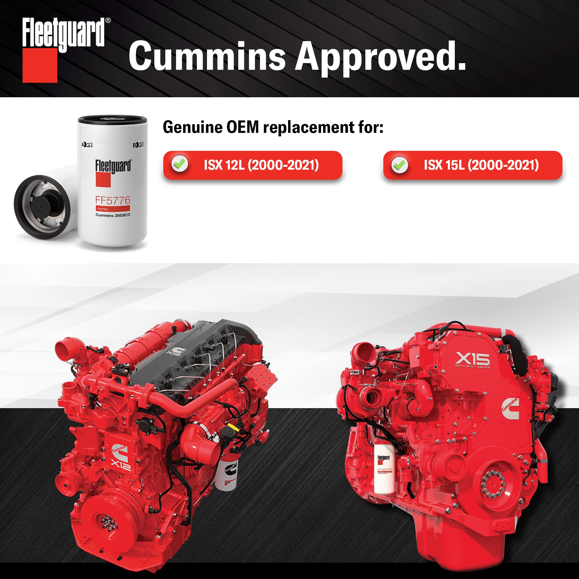 Fleetguard FF5776 filter media close-up illustrating 5-micron filtration performance