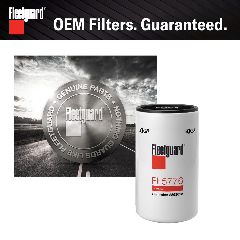 Fleetguard FF5776 side label detail with part numbers and OEM compatibility benefit
