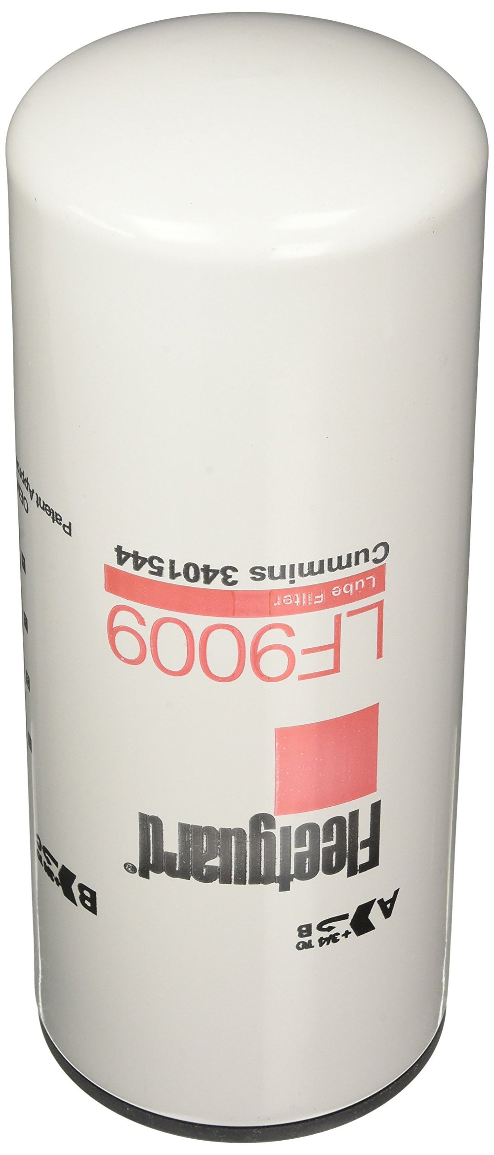 Fleetguard LF9009 front view showing label and part number, ensuring correct OEM replacement
