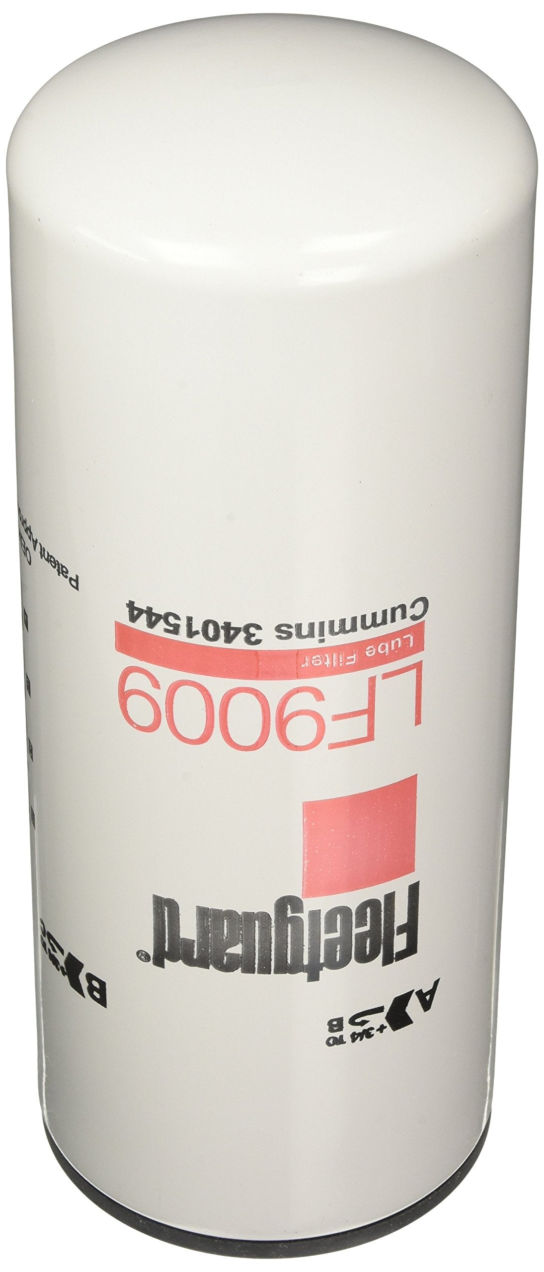 Fleetguard LF9009 front view showing label and part number, ensuring correct OEM replacement