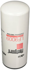 Fleetguard LF9009 front view showing label and part number, ensuring correct OEM replacement