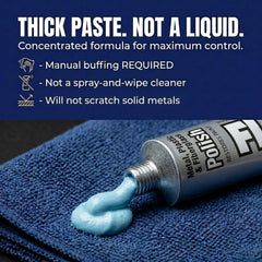 FLITZ applied with cloth on metal, shows efficient manual buffing benefit