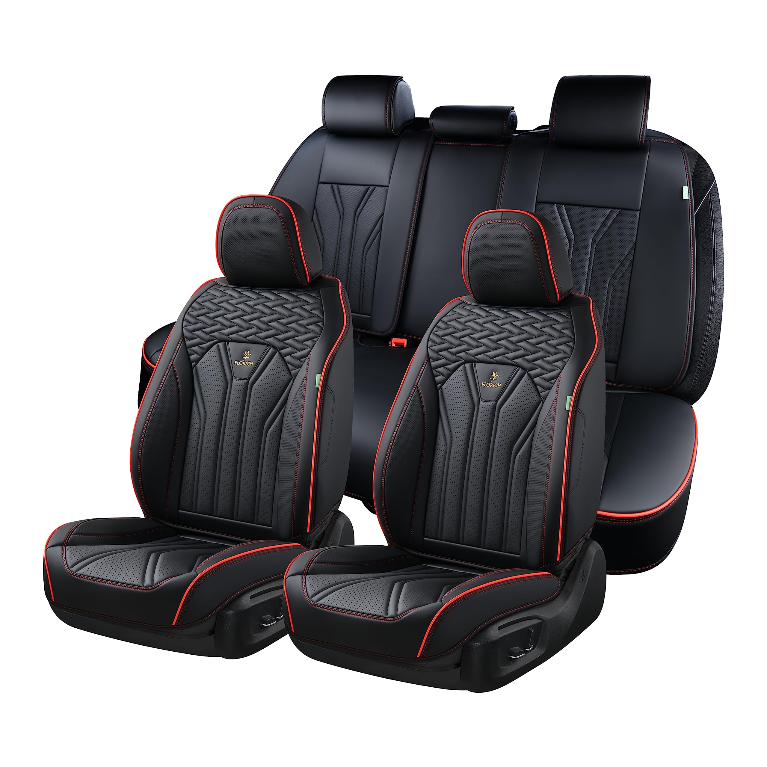 FLORICH front seat full view showing sporty black and red line and protective coverage