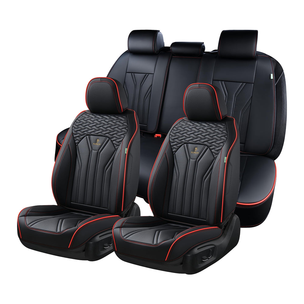 FLORICH front seat full view showing sporty black and red line and protective coverage