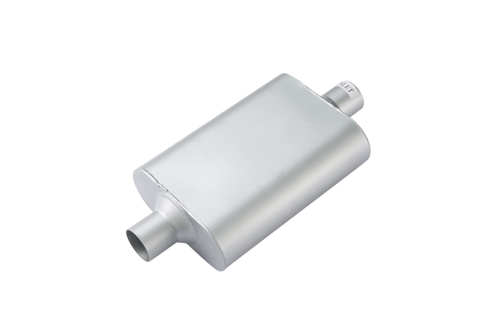 Floshine muffler front view showing inlet and outlet, clear fitment benefit