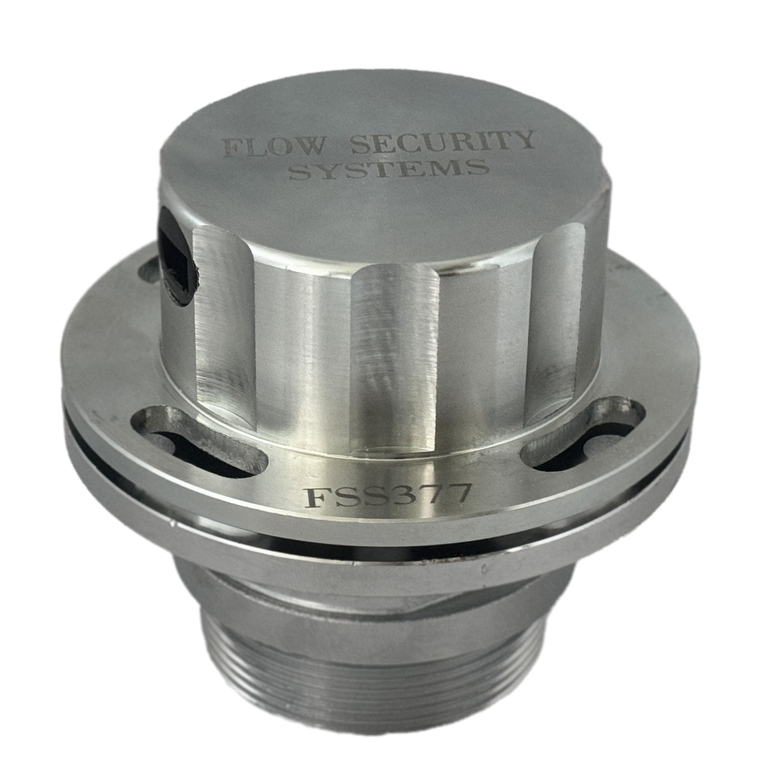 Flow Security Systems front view of locking fuel cap showing secure design and durability