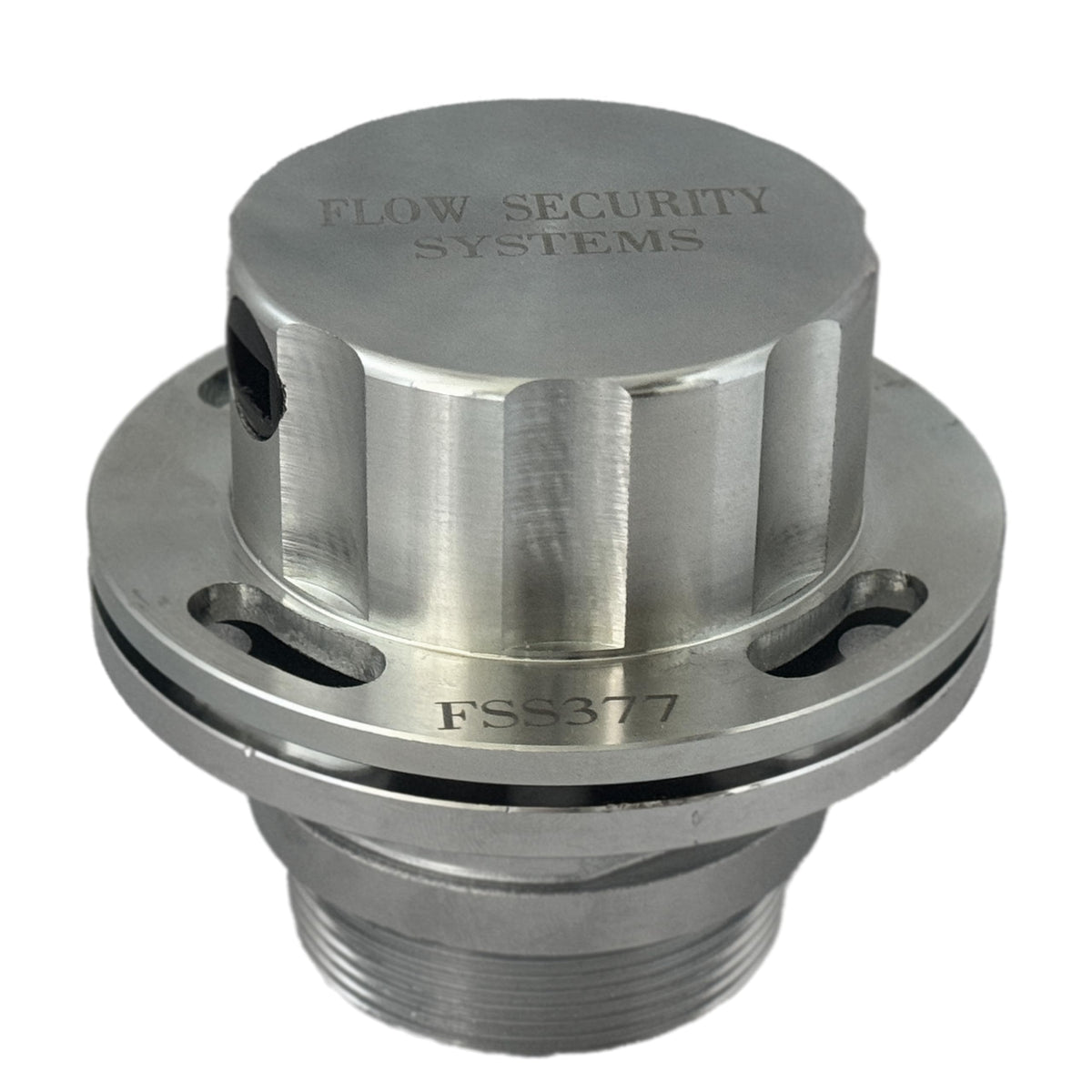Flow Security Systems front view of locking fuel cap showing secure design and durability