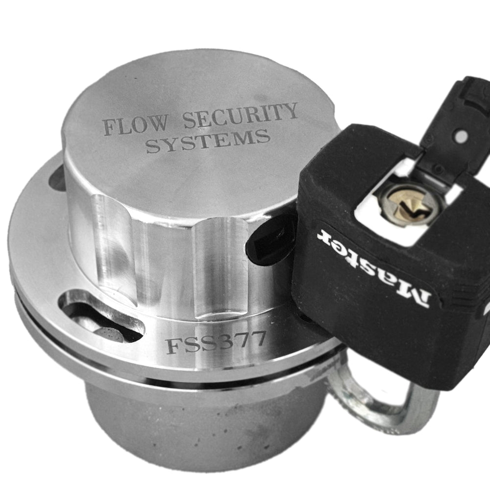 Flow Security Systems cap next to wrench showing size and tool-ready installation benefit