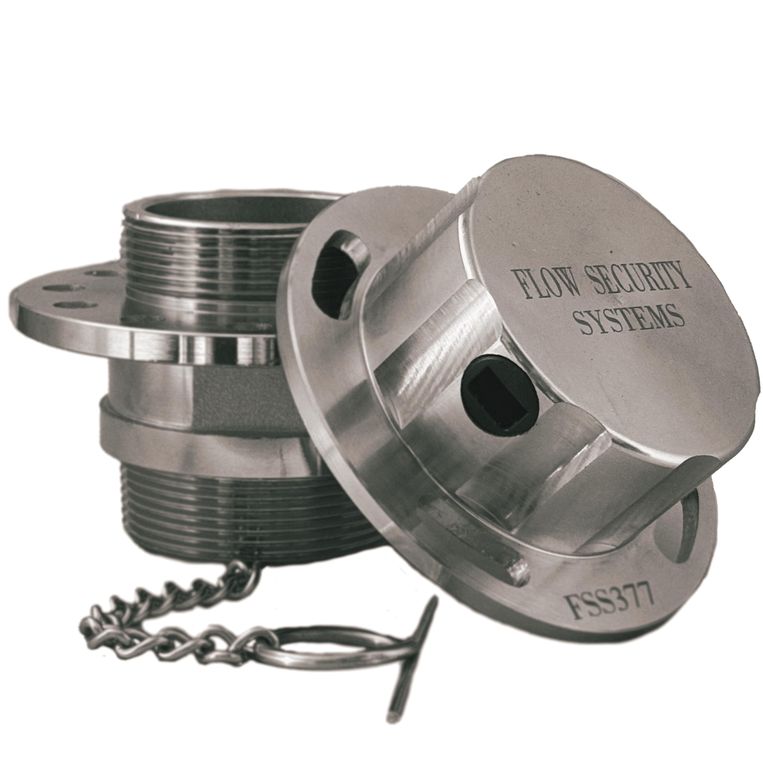 Flow Security Systems close-up of 2" male thread adapter showing precise fit for tanks