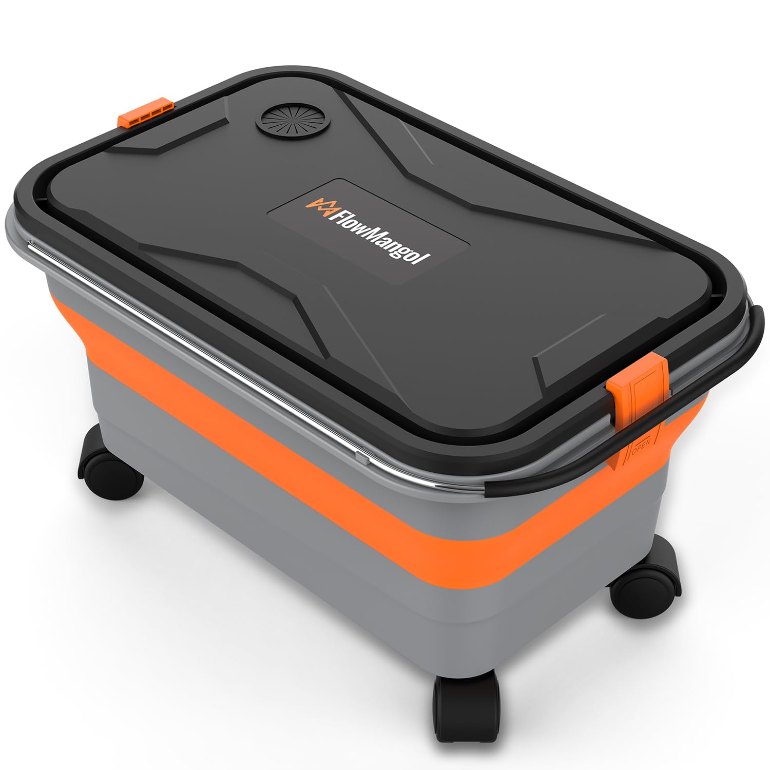 Flowmangol bucket front view showing capacity and lid benefit portability