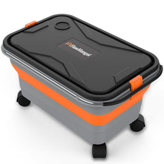 Flowmangol bucket front view showing capacity and lid benefit portability