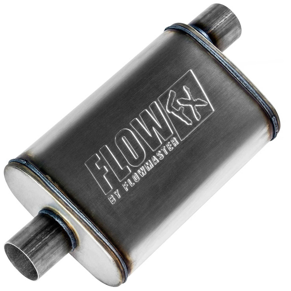 Flowmaster front view showing muffler shape and fit benefit enhanced routing