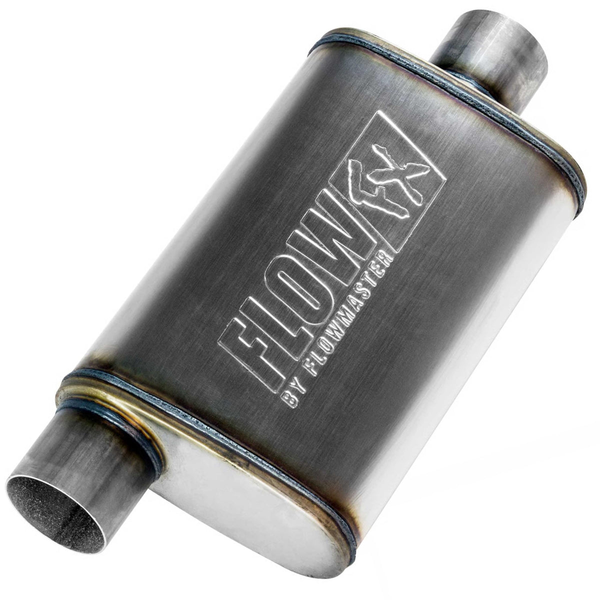 Flowmaster front view of muffler showing inlet and body, improves airflow