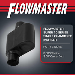 Flowmaster Super 10 rear center outlet close-up emphasizing smooth flow benefit