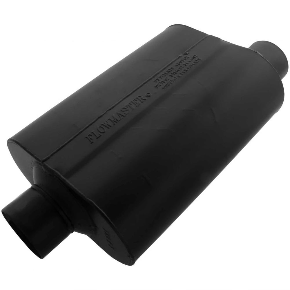 Flowmaster front view showing muffler shape and inlet, enhances exhaust tone