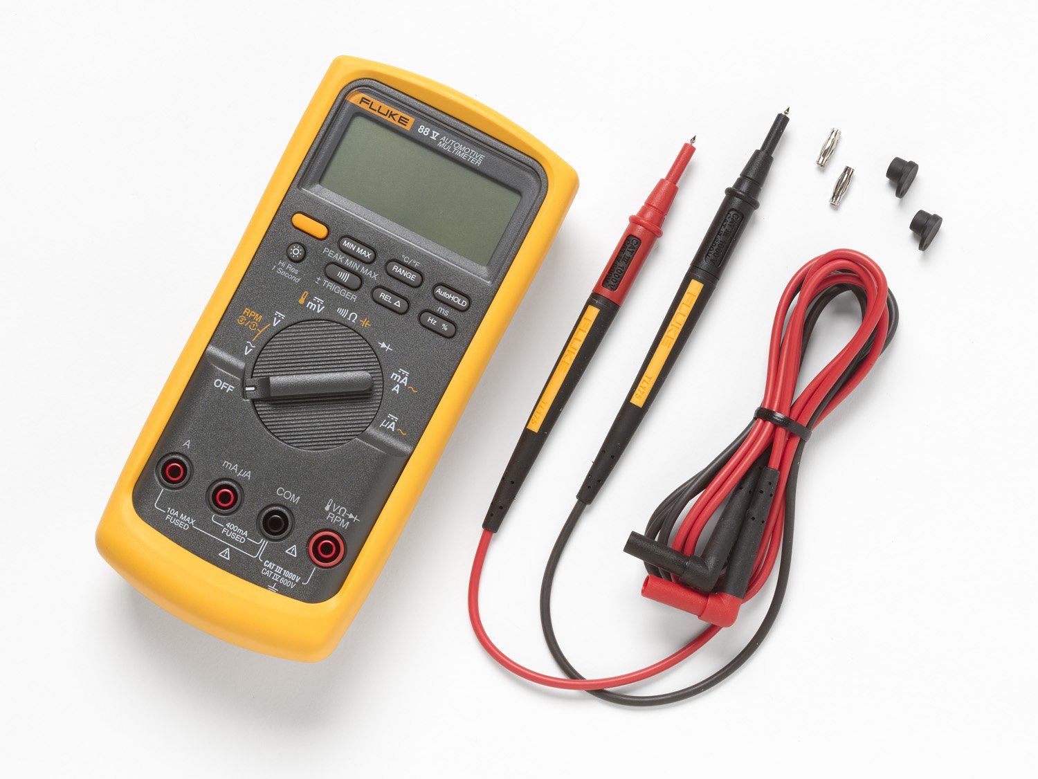 Fluke 88V backlit screen close-up, bright display improves reading in dark bays