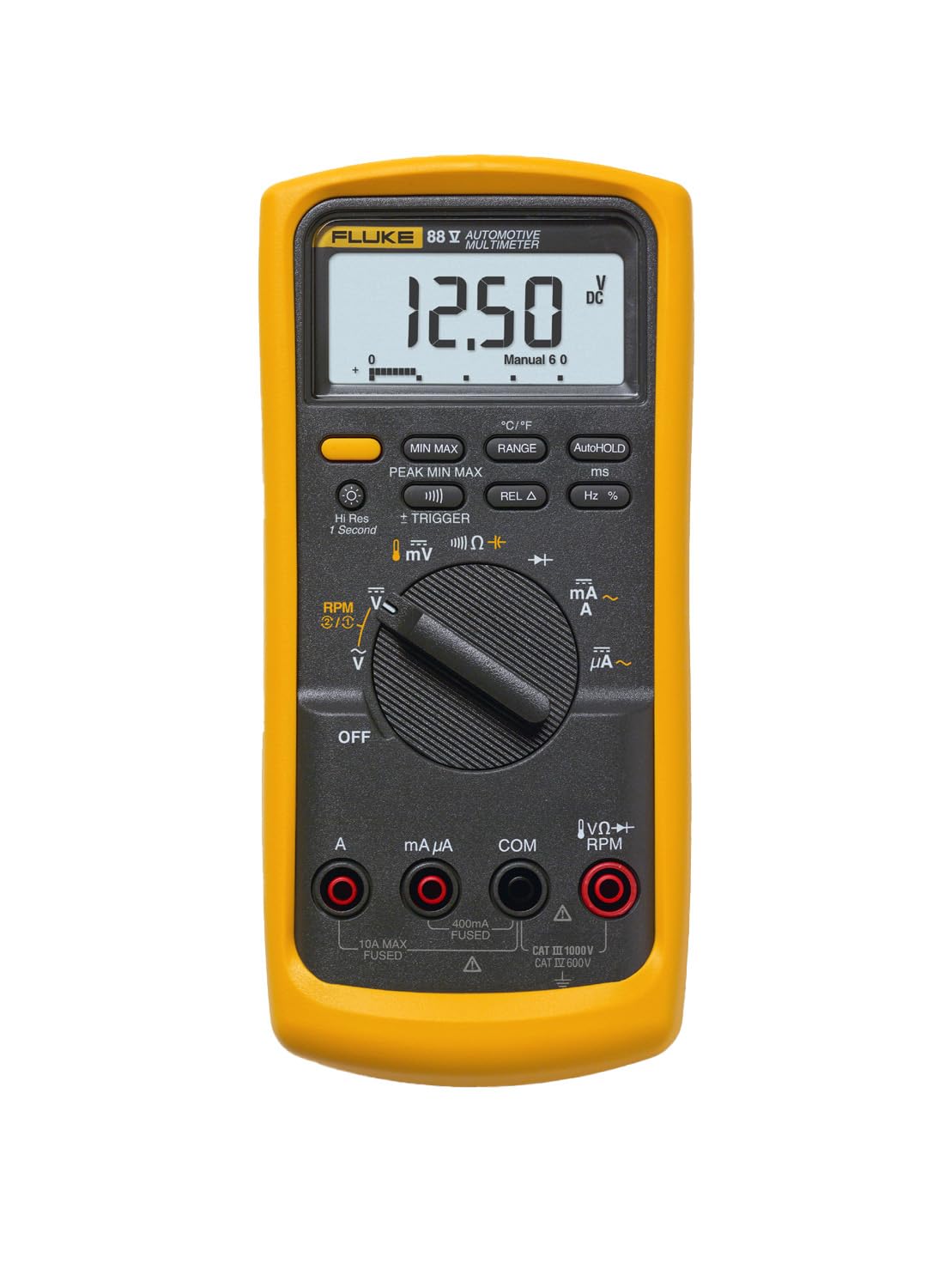 Fluke 88V front display showing measurements, clear visibility for diagnostics
