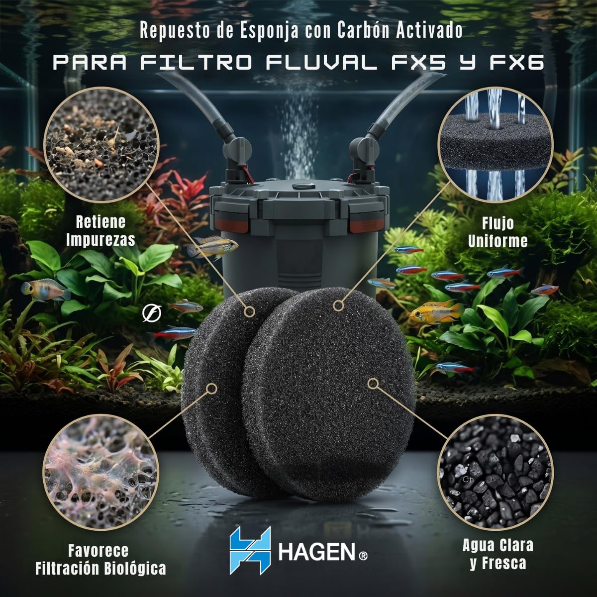 Fluval product label and compatibility details highlighting fit for FX4 FX5 FX6 canisters