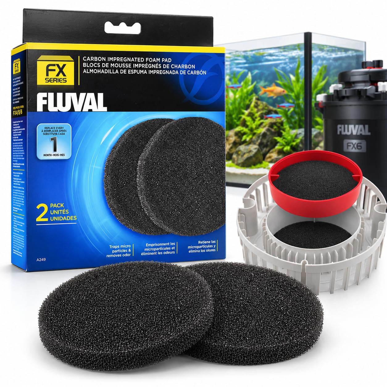 Fluval front packaging showing two carbon foam pads for quick replacement and clean water