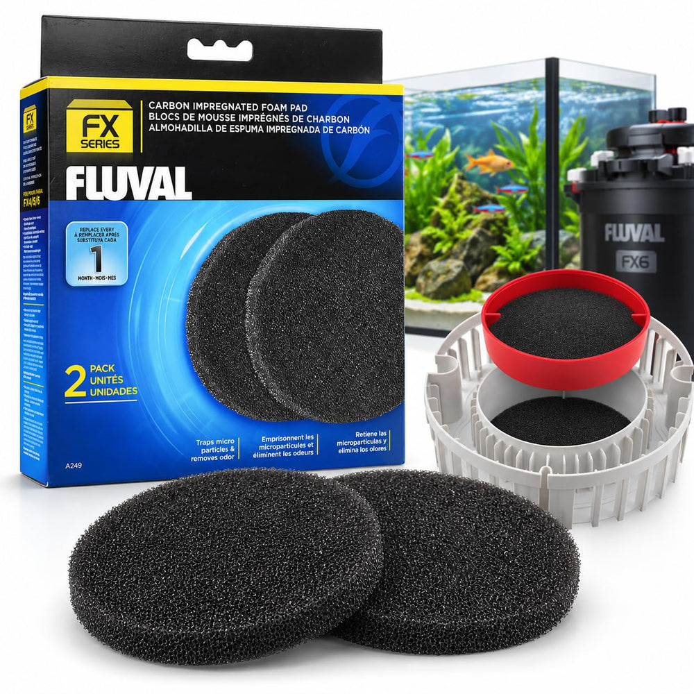 Fluval front packaging showing two carbon foam pads for quick replacement and clean water