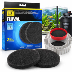 Fluval front packaging showing two carbon foam pads for quick replacement and clean water