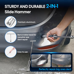 Fly5D bridge dent puller in use on car panel, enables gradual paint-safe lifting