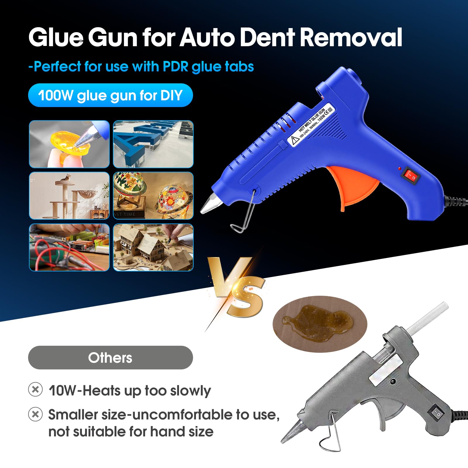 Fly5D hot glue gun and temperature-specific sticks, bonds reliably without paint damage
