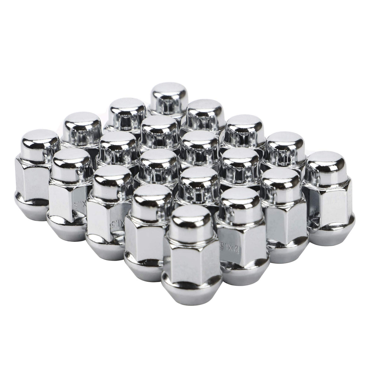 FLYCLE front view of 20 chrome lug nuts showing complete set and polished look for curb appeal