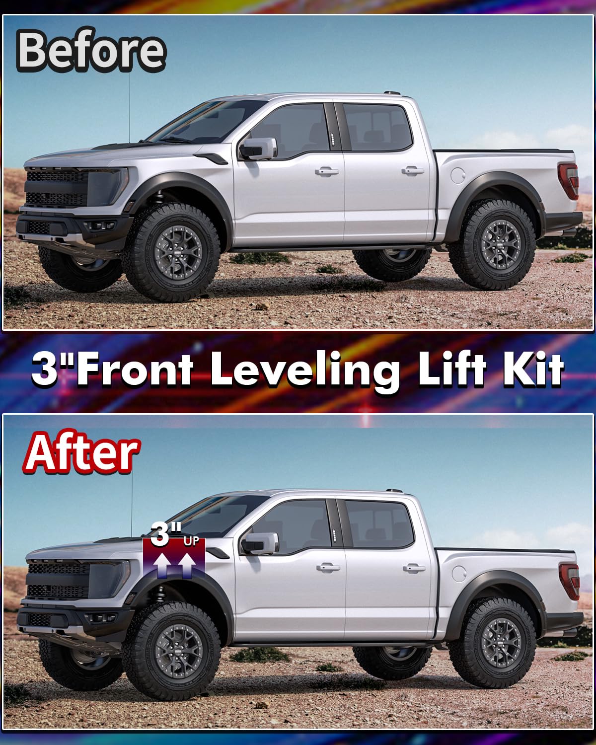 FLYCLE installed front view on F150 showing improved stance benefit