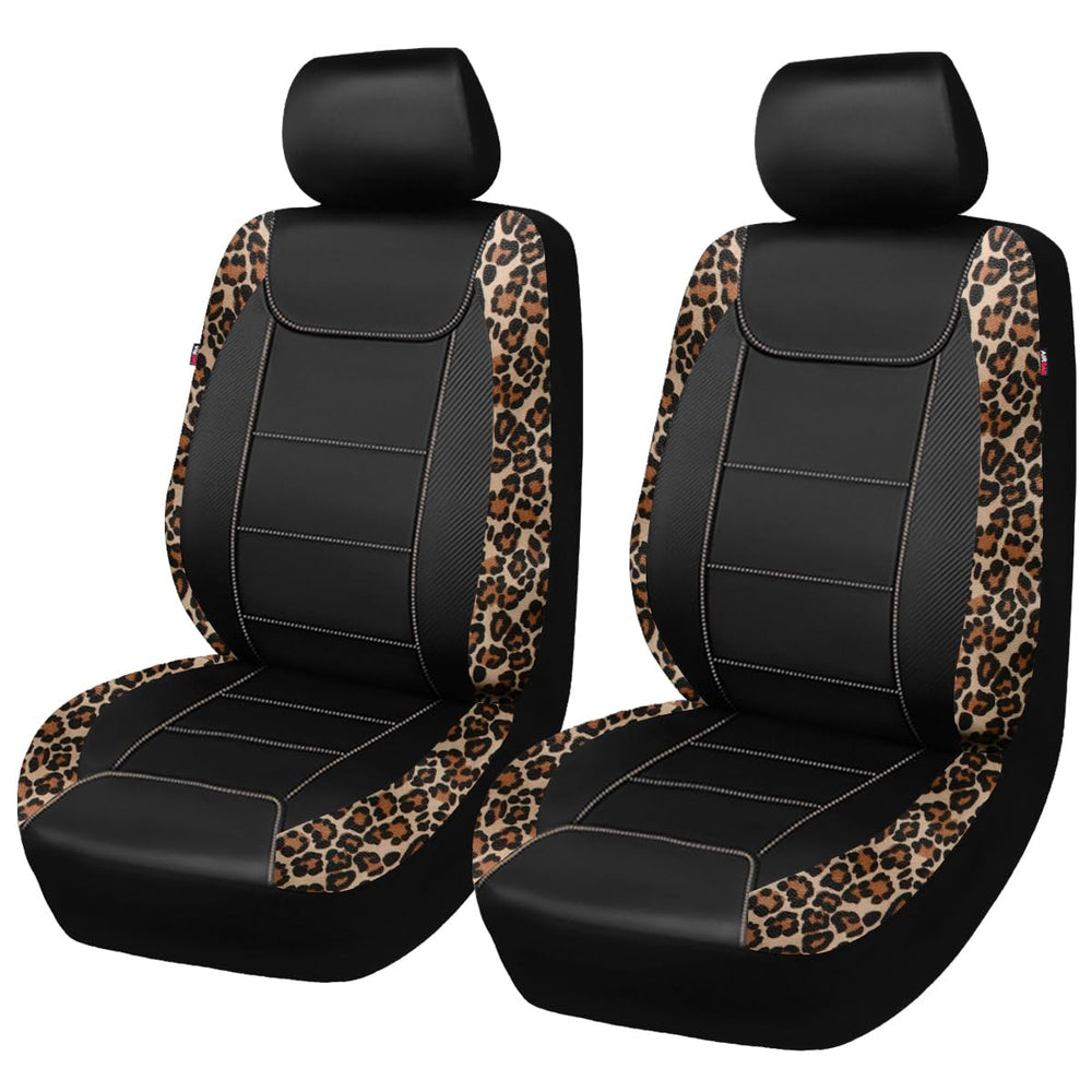 Flying Banner front seat cover full view showing leopard brown black design and protection