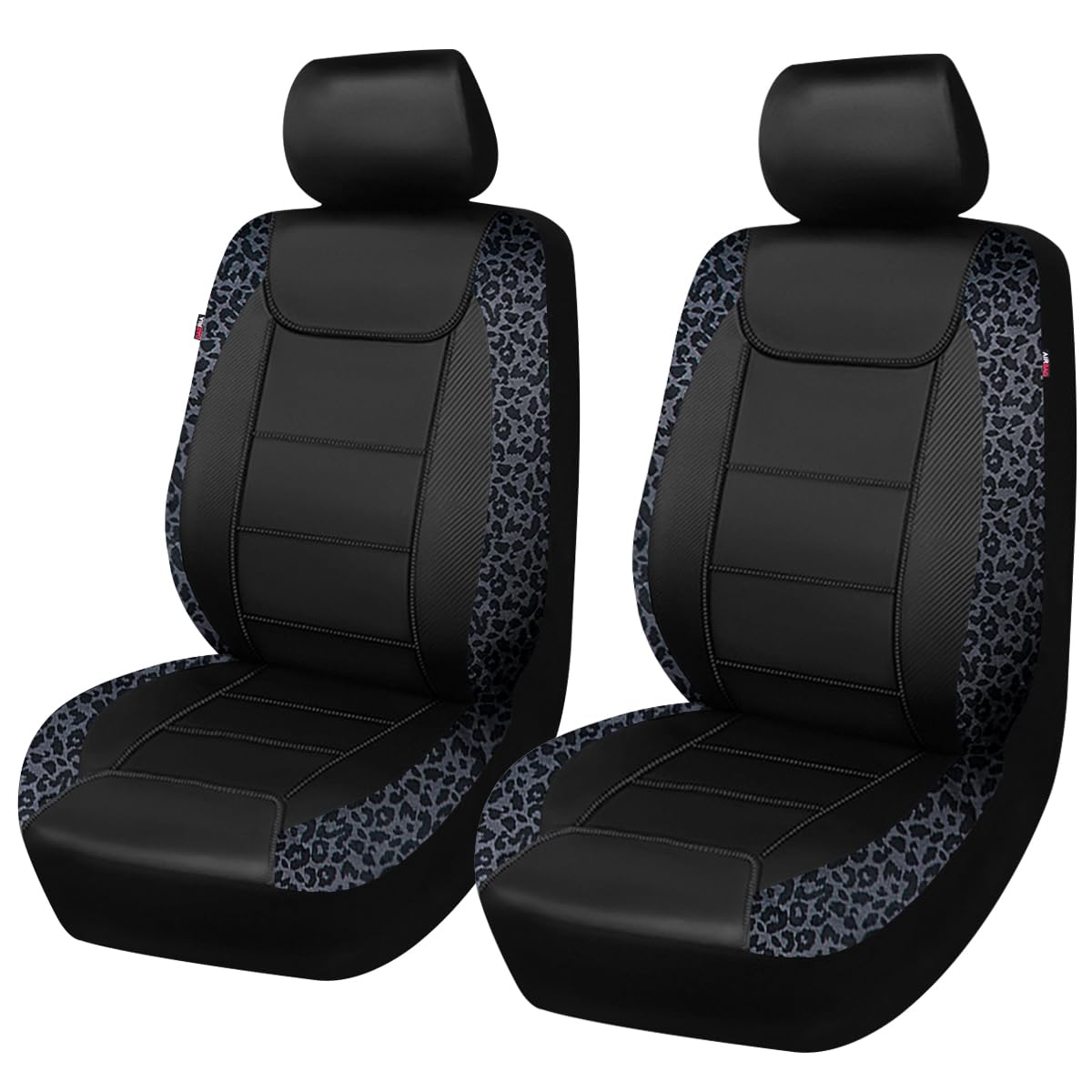 Flying Banner front view showing leopard gray velvet and black faux leather protecting seats