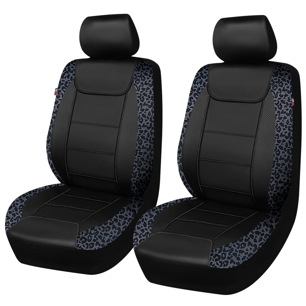 Flying Banner front view showing leopard gray velvet and black faux leather protecting seats