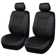 Flying Banner front view showing leopard gray velvet and black faux leather protecting seats