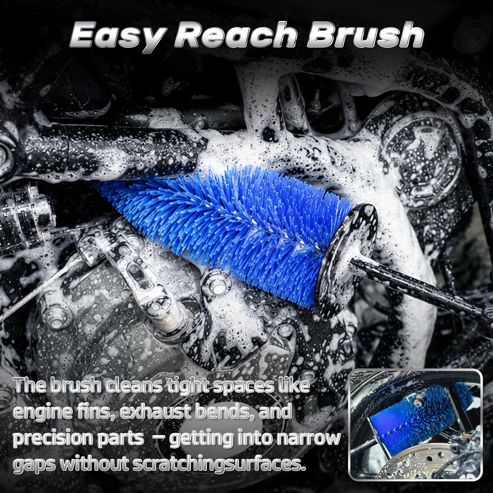 focopot chain brush close-up demonstrating firm bristles for removing oil and dirt
