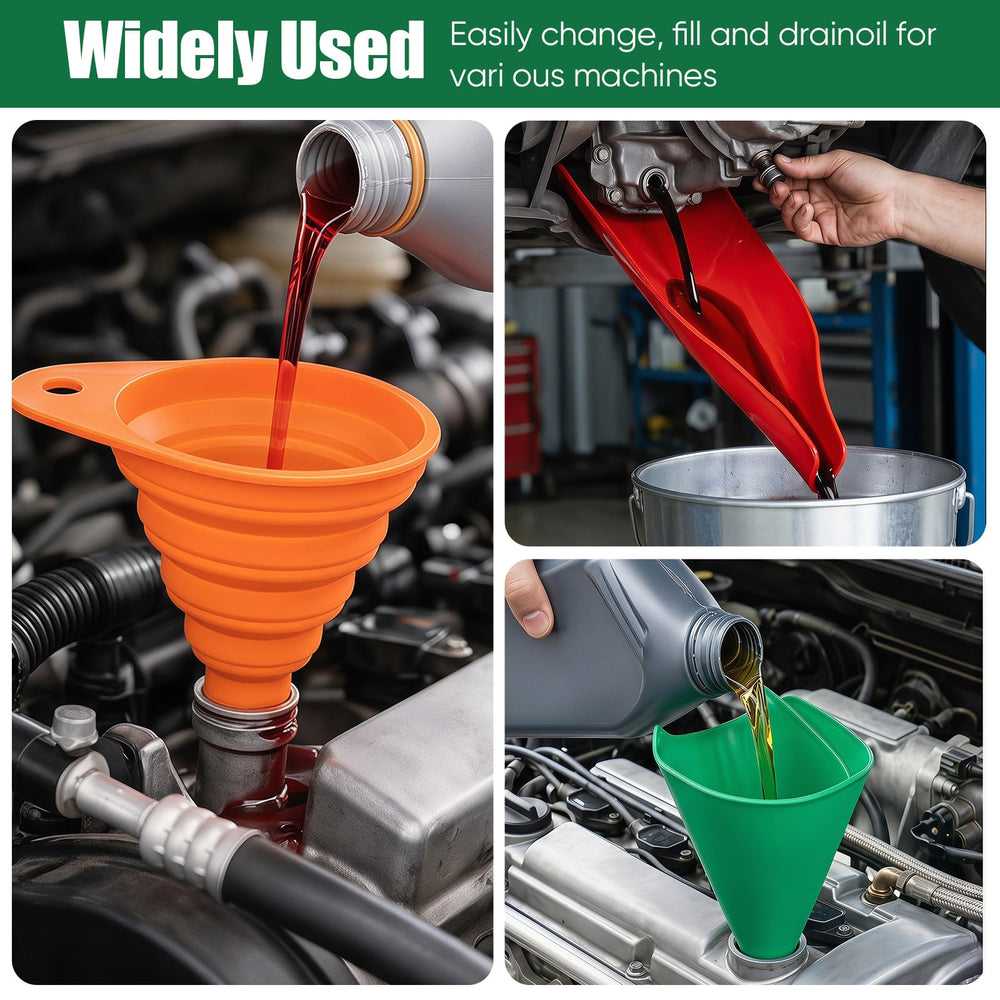 Foivieide funnels guiding oil into container during an oil change to avoid mess