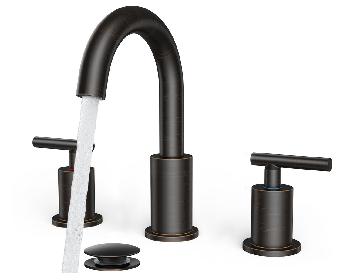 FORIOUS front view of oil rubbed bronze widespread faucet showing vintage styling and clear benefit