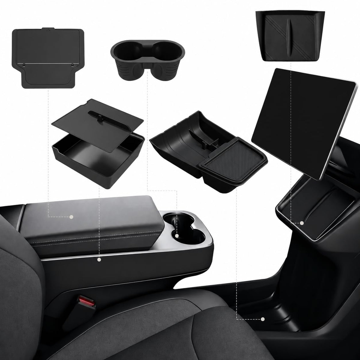 Foronetry front view installed in Model Y shows neat console and easy access