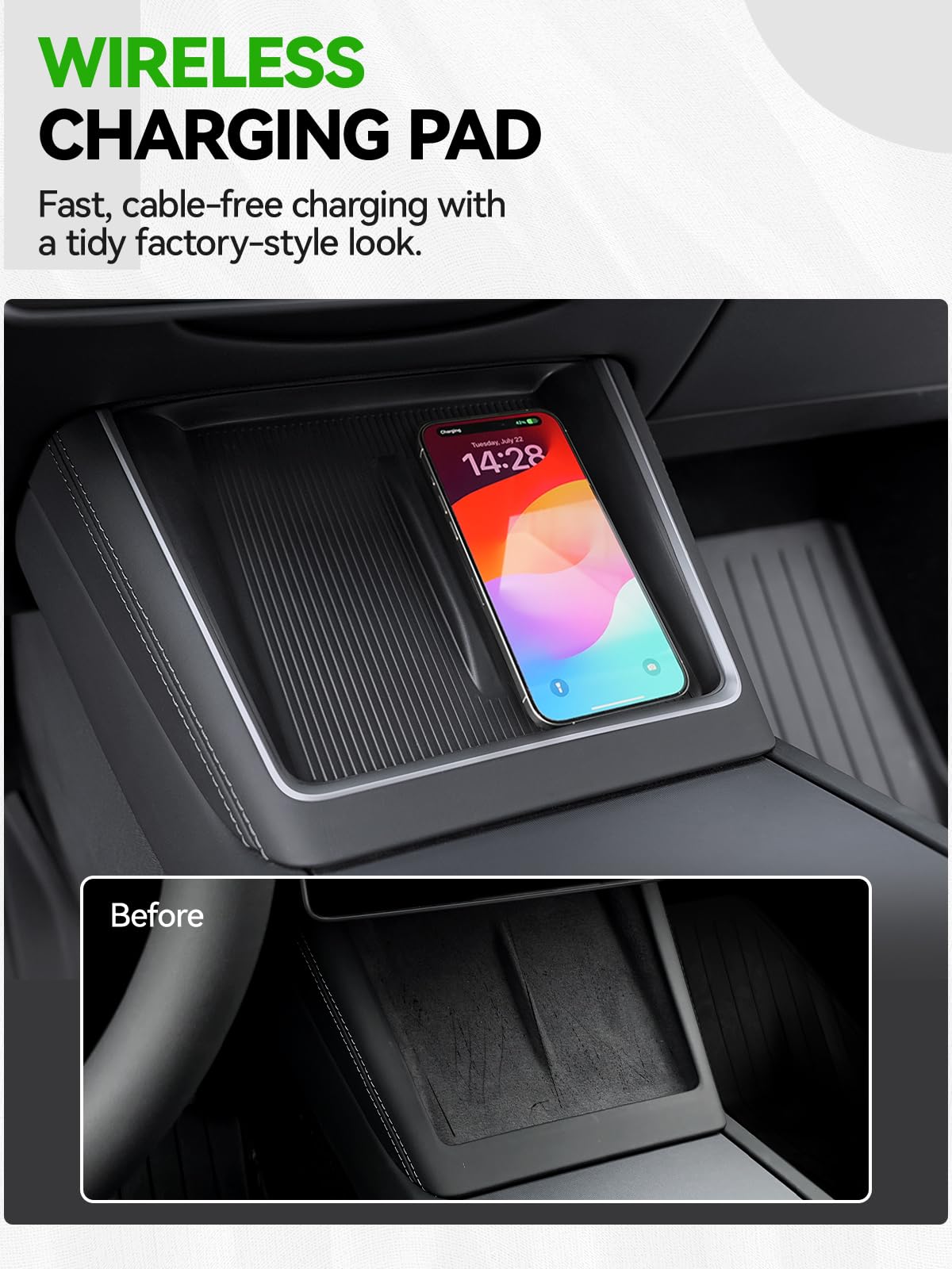 Foronetry lifestyle shot of console in Tesla Model 3 Highland illustrating neat cabin