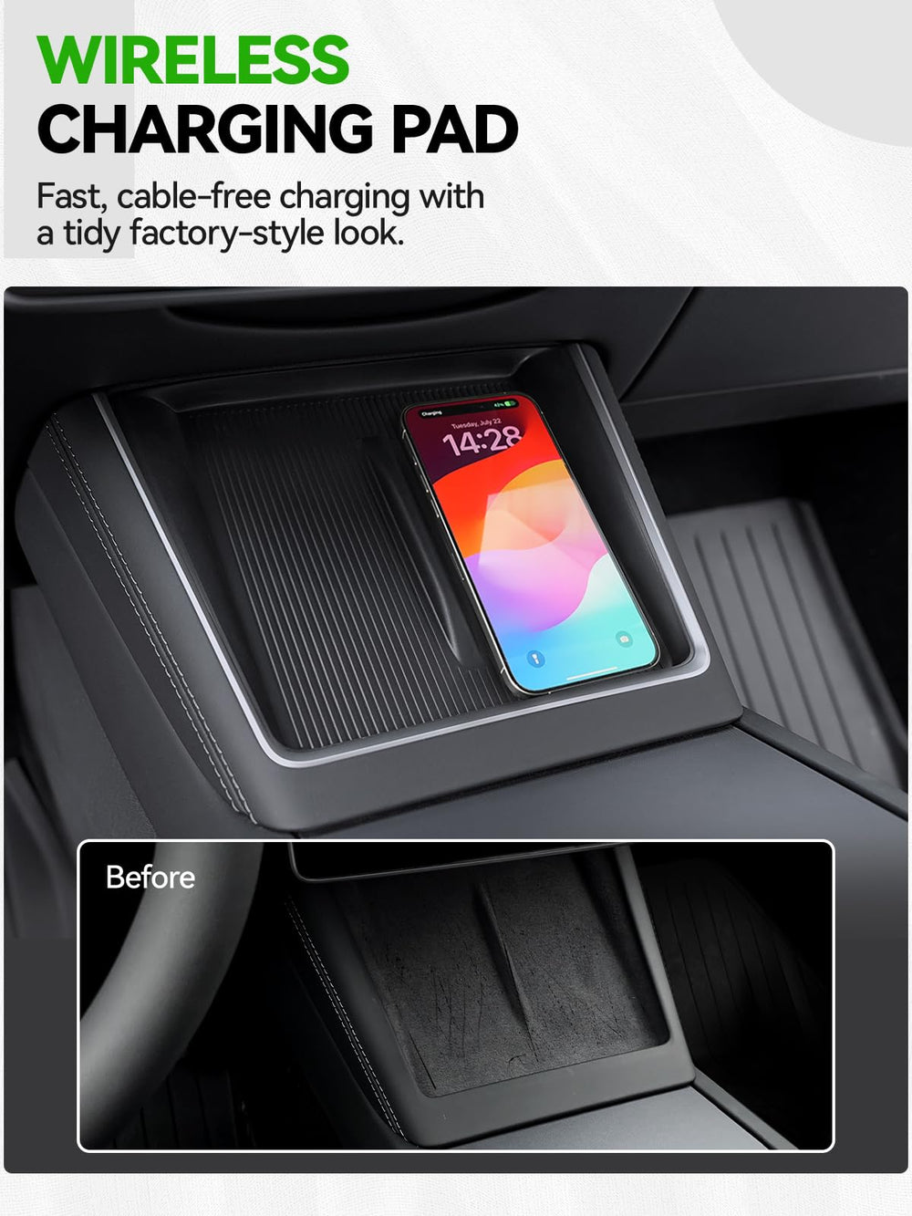 Foronetry lifestyle shot of console in Tesla Model 3 Highland illustrating neat cabin