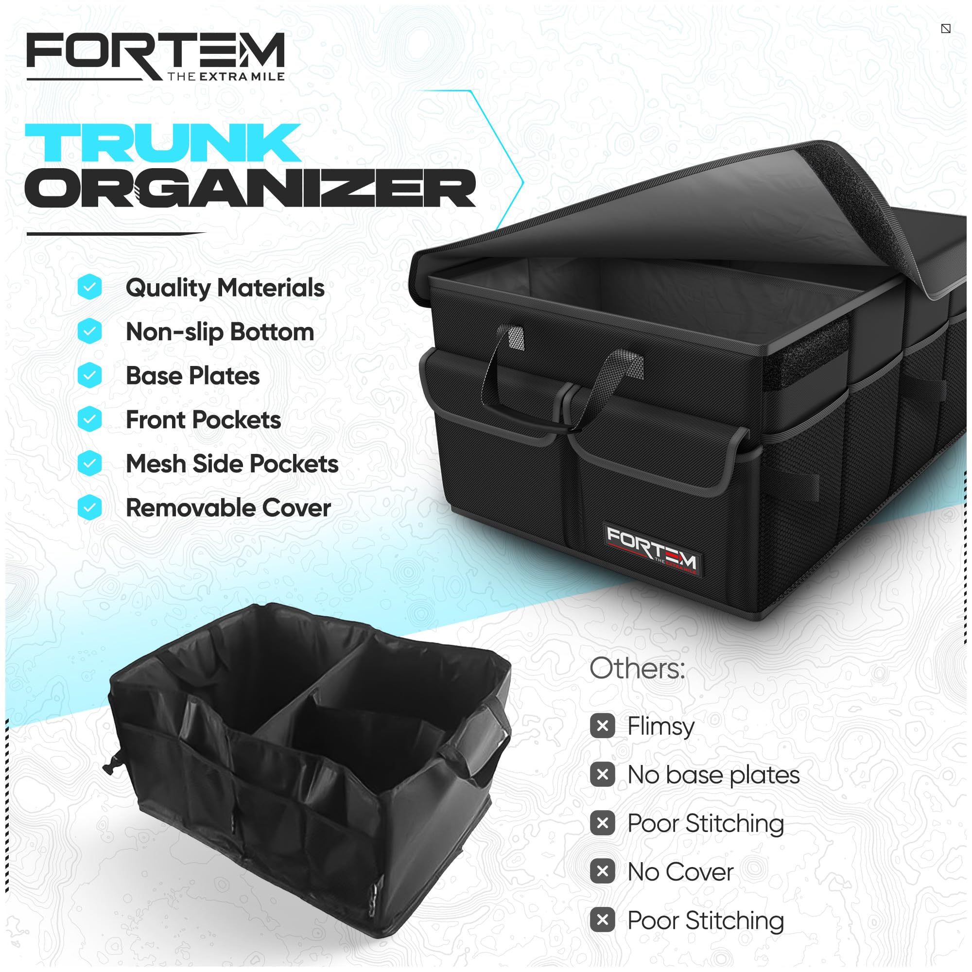 FORTEM collapsed flat stored under seat for compact storage
