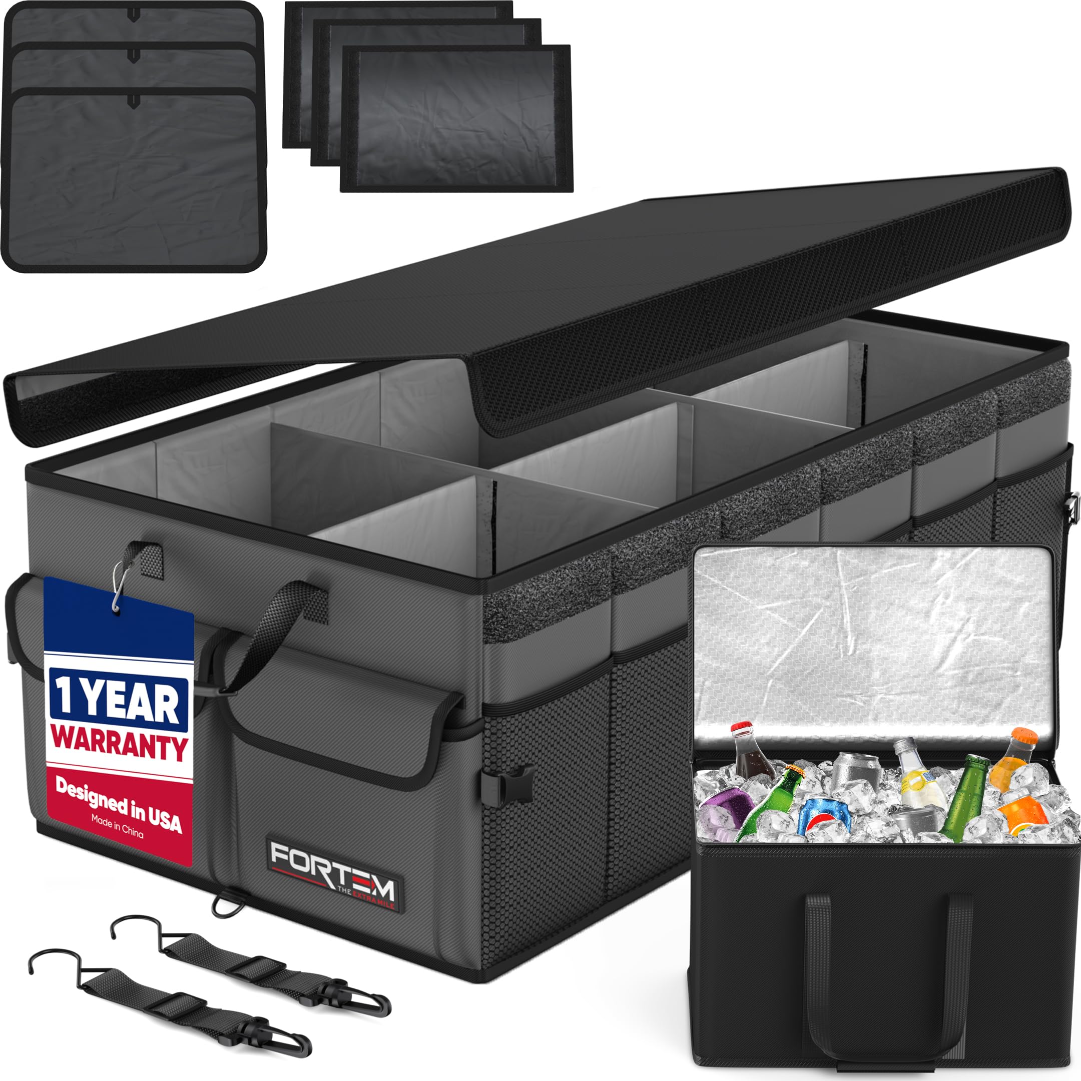FORTEM front view of trunk organizer showing durable construction and tidy storage benefit