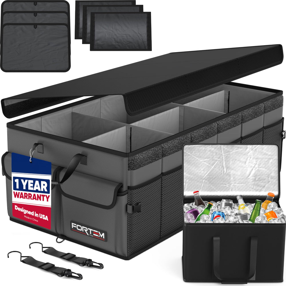 FORTEM front view of trunk organizer showing durable construction and tidy storage benefit