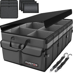 FORTEM front view of foldable trunk organizer showing compartments and stability benefit
