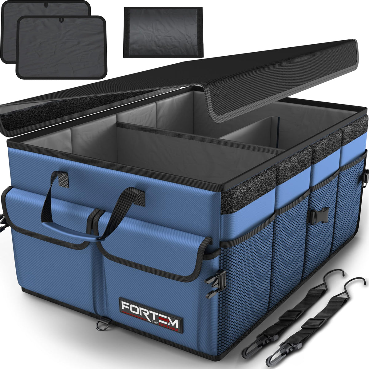 FORTEM front view of trunk organizer showing compartments and durable design benefit